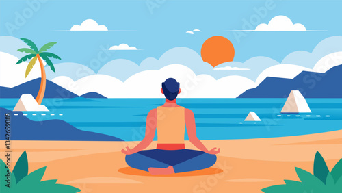 A moment of stillness and reflection during a busy beach day as a yogi takes a break from the sun and sand to find inner peace and clarity by the waters edge.. Vector illustration