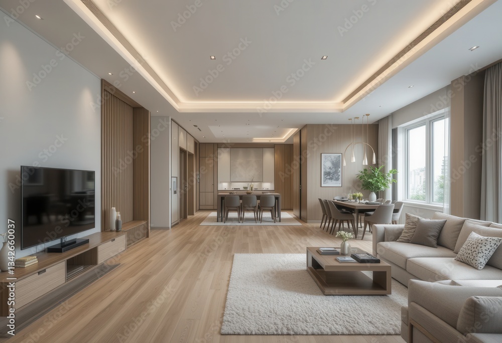 Fototapeta premium Elegant modern living room design contemporary home interior photography cozy environment wide angle aesthetic appeal
