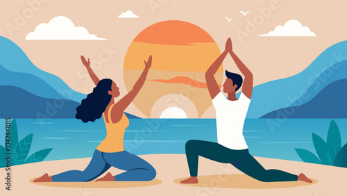 A peaceful morning ritual of oceanside yoga for two as a couple moves in unison to salute the rising sun and start their day with intention and connection.. Vector illustration