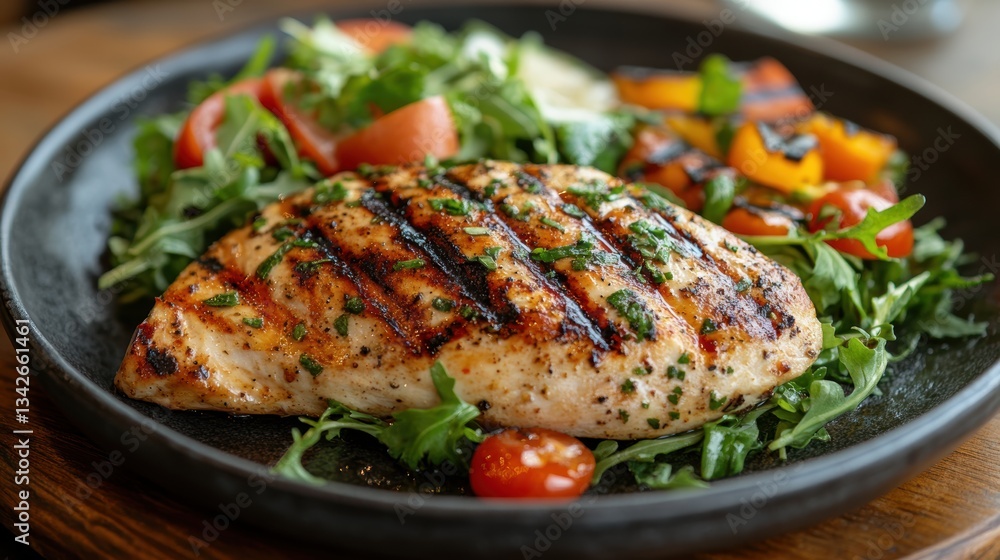 A succulent grilled chicken breast, adorned with a vibrant salad, served as a testament to the simplicity and elegance of a wholesome and satisfying meal. A succulent grilled chicken breast, adorned with a vibrant salad, served as a testament to the simplicity and elegance of a wholesome and satisfying meal.