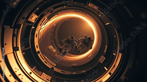 Two astronauts navigate a glowing tunnel surrounded by metallic walls exploring an advanced structure in a science fiction universe during a cosmic journey
