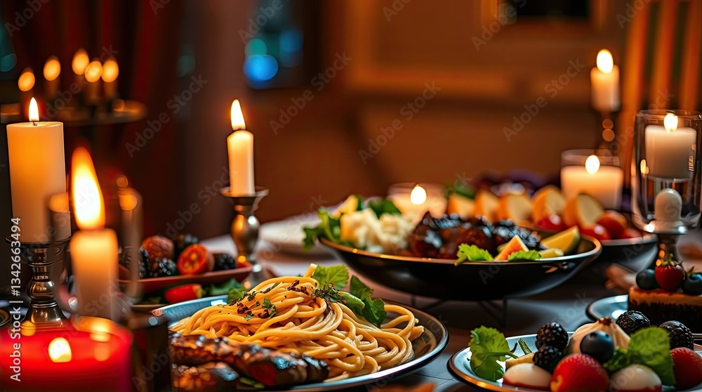 A lavish dining table is adorned with gourmet pasta fresh fruits and flickering candles creating a cozy and inviting atmosphere for an evening gathering A lavish dining table is adorned with gourmet pasta fresh fruits and flickering candles creating a cozy and inviting atmosphere for an evening gathering