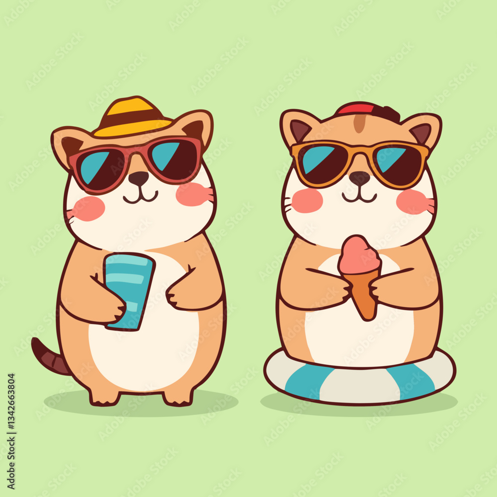 Obraz premium Minimalist Cartoon Animals with Summer Accessories