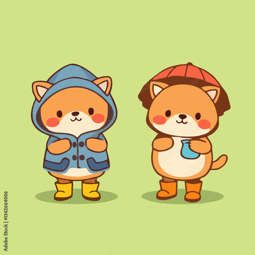 Minimalist Cartoon Animals in Rainy Weather Outfits Minimalist Cartoon Animals in Rainy Weather Outfits