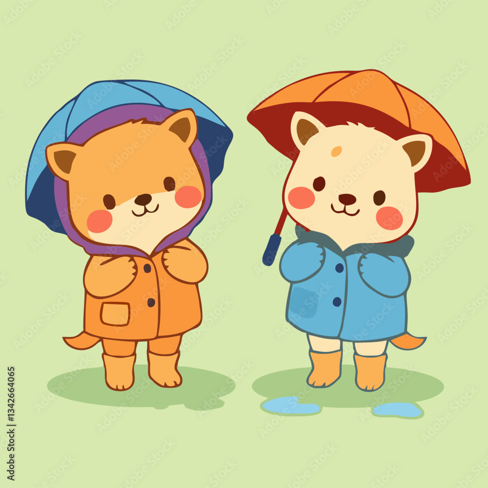 Minimalist Cartoon Animals in Rainy Weather Outfits Minimalist Cartoon Animals in Rainy Weather Outfits