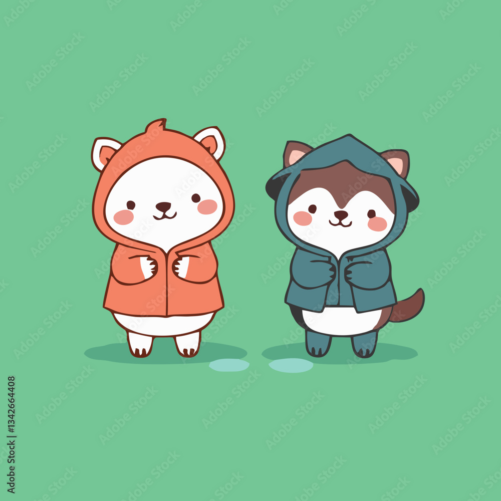 Fototapeta premium Minimalist Cartoon Animals in Rainy Weather Outfits