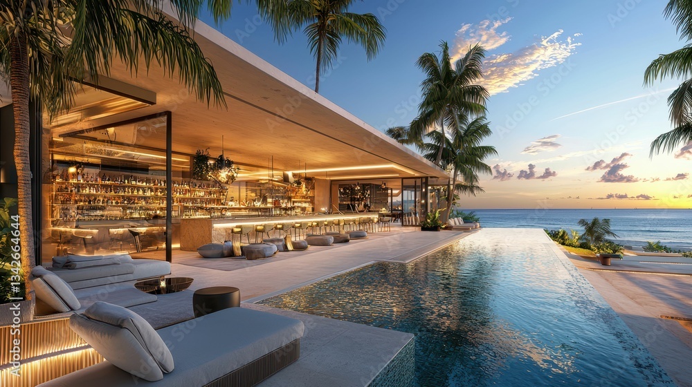 Fototapeta premium Luxurious Beachfront Bar with Infinity Pool at Sunset