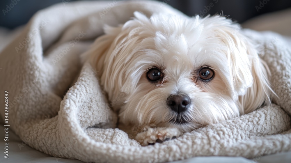 A fluffy Maltese dog, its white coat gleaming in the soft light, snuggled contentedly in the warm embrace of a cozy room. A fluffy Maltese dog, its white coat gleaming in the soft light, snuggled contentedly in the warm embrace of a cozy room.