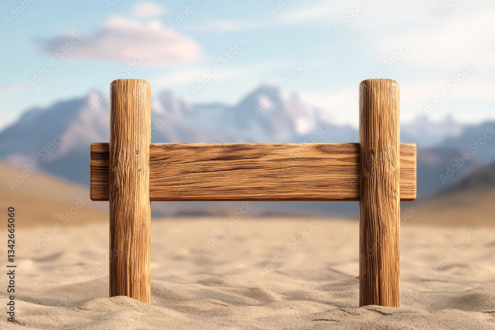 Obraz premium A rustic wooden signpost stands in serene desert with mountains in the backdrop.