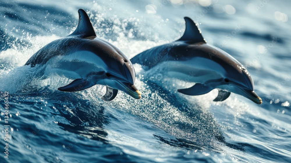 Fototapeta premium In the azure expanse of the ocean, sleek dolphins, graceful and playful, effortlessly glide through the crystalline water, their sleek bodies cutting through the waves with effortless ease.