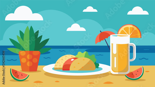 Snapping open a cold beer a lone diner savors the taste of a shrimp and pineapple taco the ocean breeze carrying the sound of mariachi music in the background.. Vector illustration