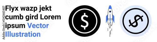 Black dollar icon, blue rocket launching upward, and stylized dollar representation. Ideal for fintech, startup, growth, innovation, digital economy, branding and simple landing page