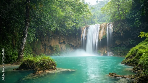 Tranquil misty waterfall cascading into turquoise pool in nature