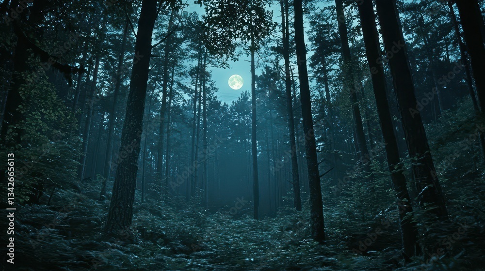 Fototapeta premium Moonlight Filtering Through Trees in Dense Forest at Night