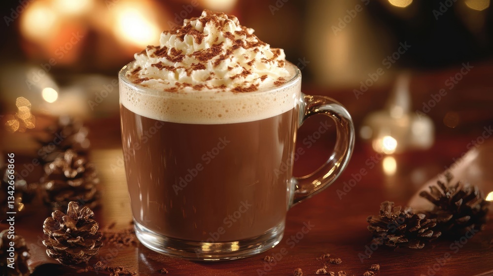A cozy scene unfolds before a crackling fireplace, where a steaming mug of hot chocolate or coffee, adorned with frothy foam, rests invitingly, its warmth promising comfort and relaxation. A cozy scene unfolds before a crackling fireplace, where a steaming mug of hot chocolate or coffee, adorned with frothy foam, rests invitingly, its warmth promising comfort and relaxation.