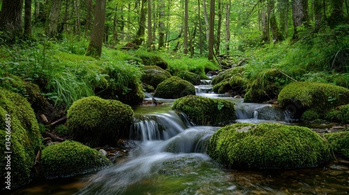 Serene Woodland Stream Flowing Gently Through Lush Greenery