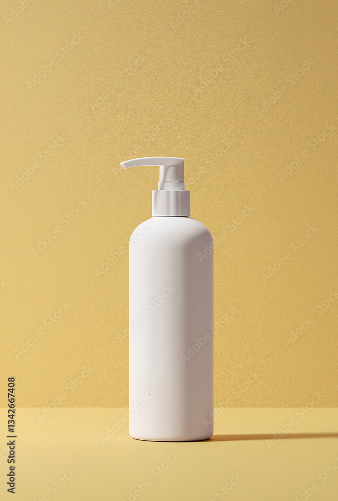 White plastic dispenser bottle on yellow background for mockup White plastic dispenser bottle on yellow background for mockup
