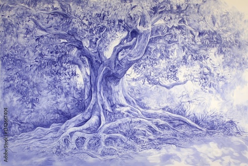 Majestic Tree with Intricate Roots in Soft Blue Hues and Textures