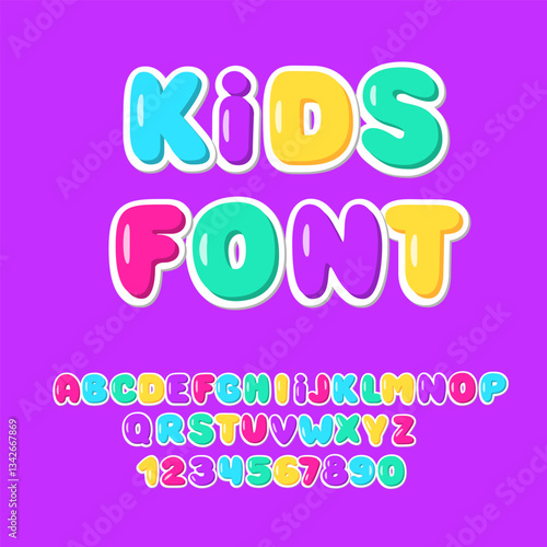 Kids Bright font. Colorful Children Latin Alphabet. Puffy Childish Type.