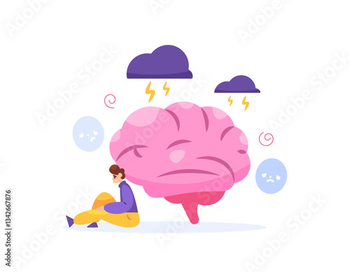 mental health and mind problem concept. bad feeling, stress, complicated, sad, anxious, troubled emotion. illustration of a depressed man with a brain and thundercloud. flat style design. elements