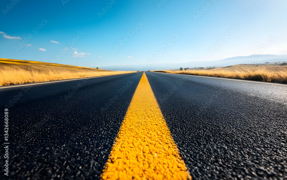 Naklejka premium A captivating perspective of an empty highway, highlighting the smooth asphalt and vibrant yellow lines under a clear blue sky.