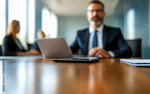 A business meeting in a modern office with professionals discussing strategies around a conference table.