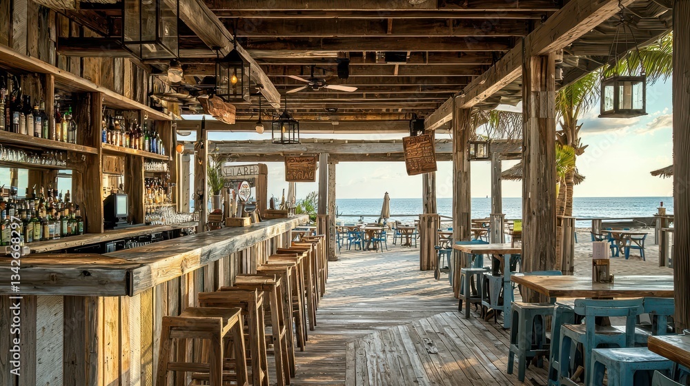 Rustic Beach Bar with Weathered Wood and Lanterns at Pier Rustic Beach Bar with Weathered Wood and Lanterns at Pier