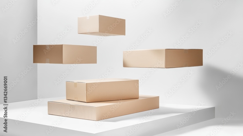 Dynamic composition of floating shipping boxes against pure white backdrop, varying sizes of cardboard packages in mid-air, gentle motion blur effect, dramatic studio lighting, macro detail of Dynamic composition of floating shipping boxes against pure white backdrop, varying sizes of cardboard packages in mid-air, gentle motion blur effect, dramatic studio lighting, macro detail of