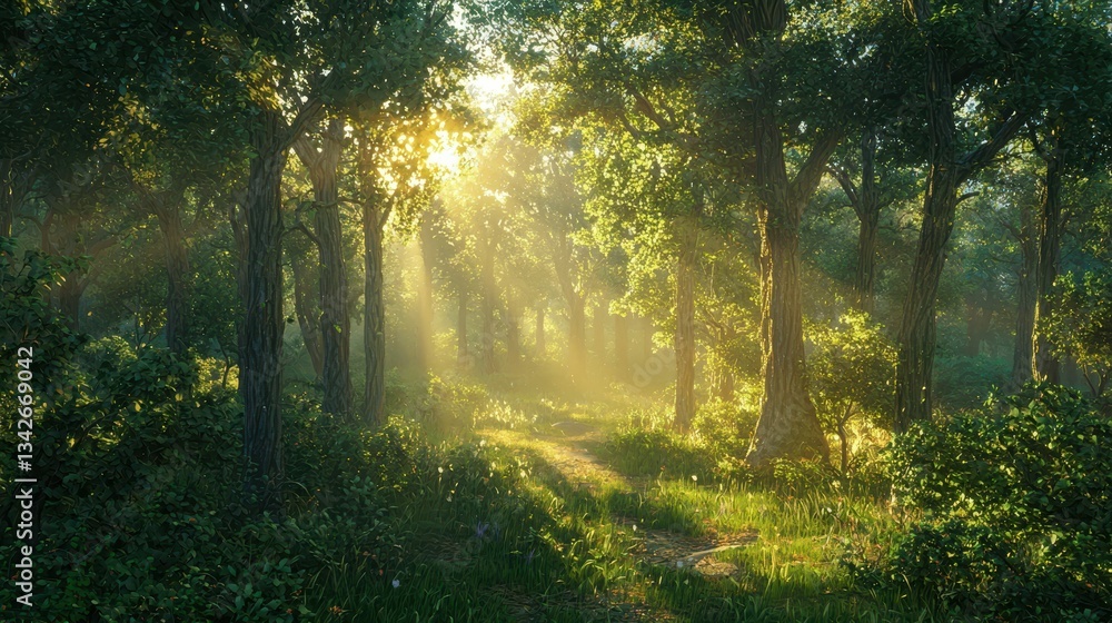 Naklejka premium Serene Forest Landscape with Golden Sunlight and Lush Vegetation