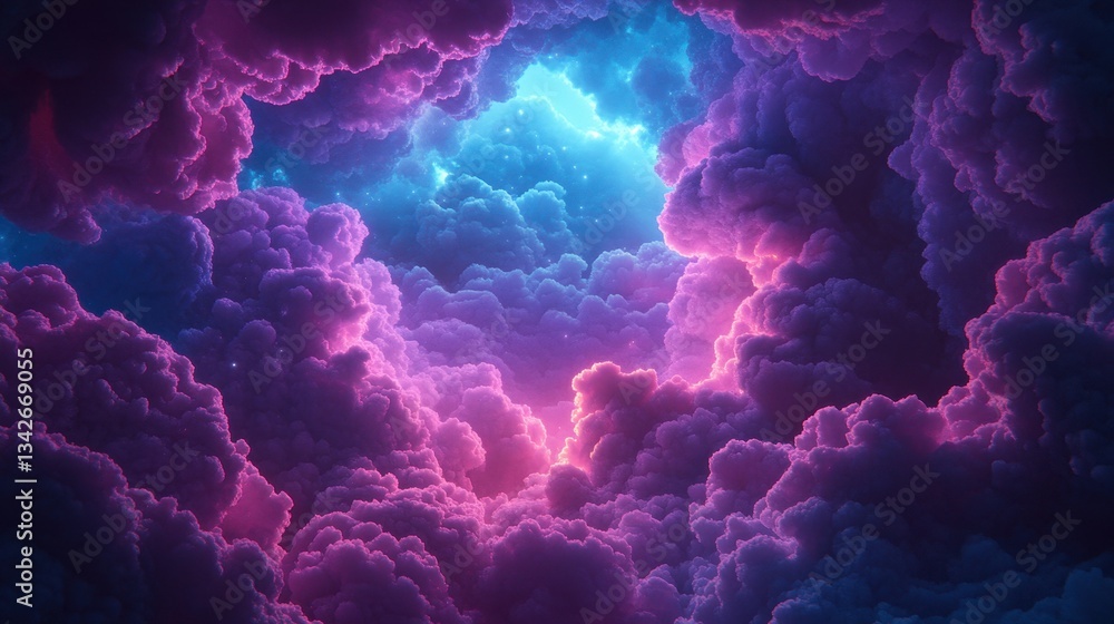 A vibrant celestial landscape with dramatic fluffy cloud formations A vibrant celestial landscape with dramatic fluffy cloud formations