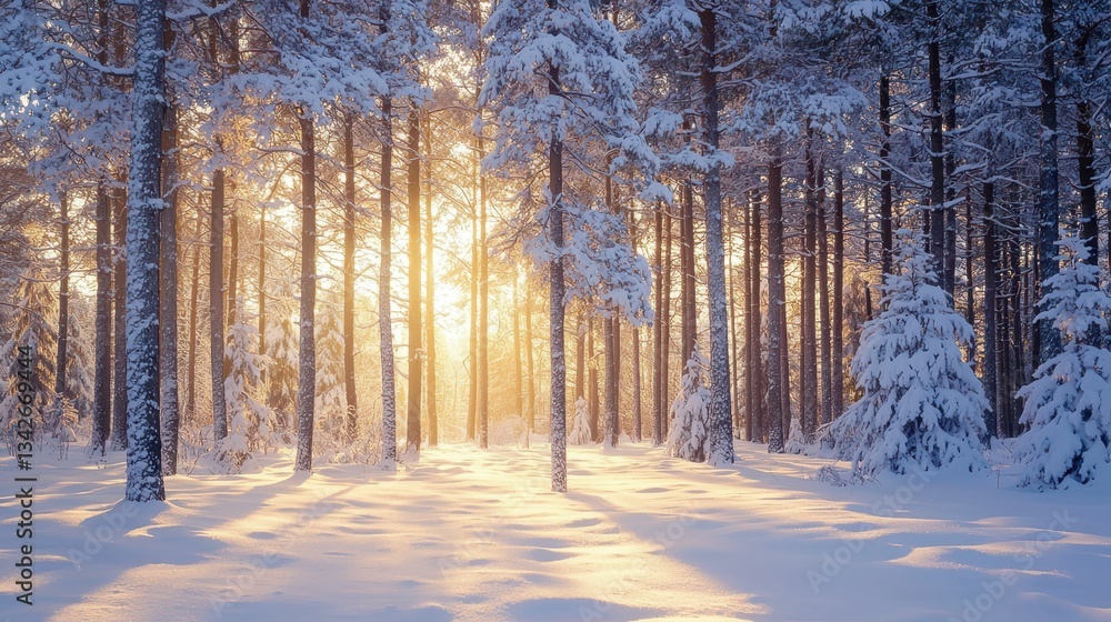 Snowy Pine Forest Illuminated by Soft Dawn Glow Snowy Pine Forest Illuminated by Soft Dawn Glow