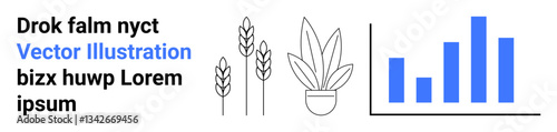 Bar chart with blue bars beside minimalistic plants and wheat stalks symbolizes growth, cultivation, and analysis. Ideal for agriculture, sustainability, agribusiness, analytics, ecology, research