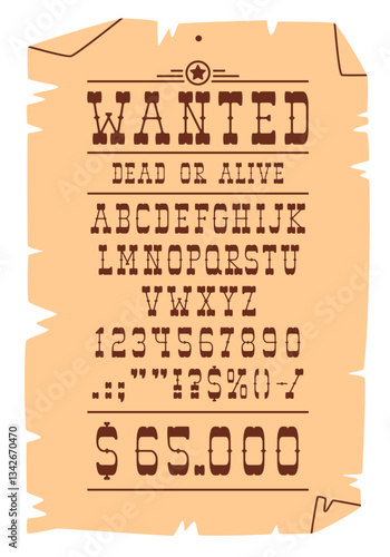 Western font, cowboy sheriff typeface, rodeo typography letters type, Wild West english alphabet at rustic wanted poster vector background. Old american Western saloon font letters and numbers set