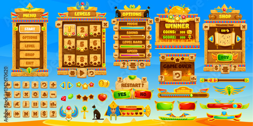 Ancient Egypt game interface, GUI buttons and elements assets, vector templates. Ancient Egypt game menu buttons and interface with pharaoh pyramid, loading bar or controls and gamer UI panel settings