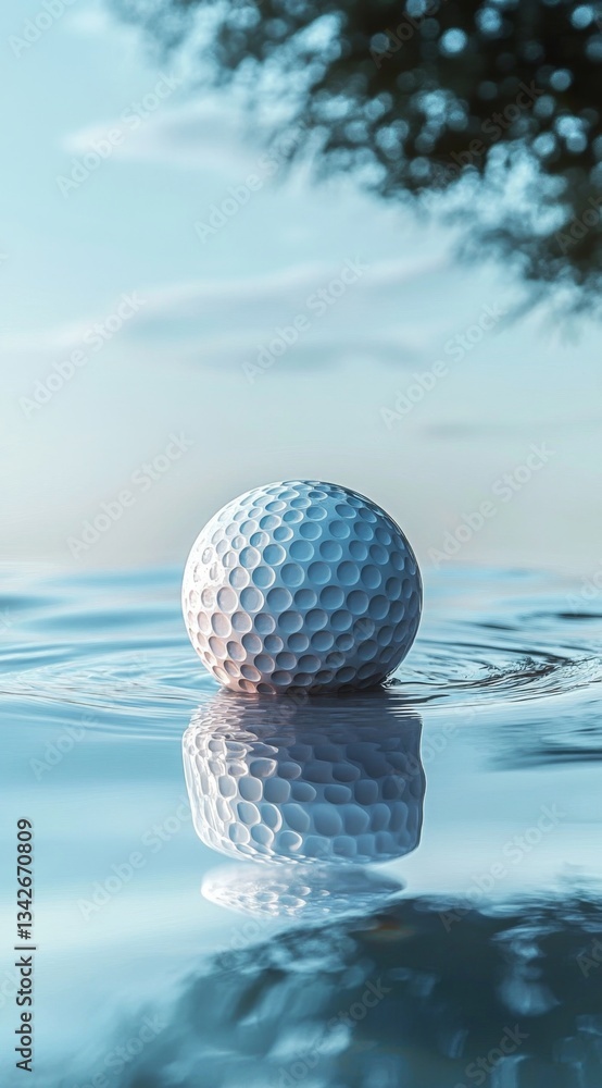 Golf ball floating on a serene water surface reflecting soft clouds and trees in a tranquil outdoor setting, capturing nature and sports harmony Golf ball floating on a serene water surface reflecting soft clouds and trees in a tranquil outdoor setting, capturing nature and sports harmony