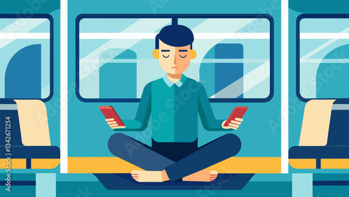 A commuter on the train using the time to meditate instead of scrolling through their phone.. Vector illustration