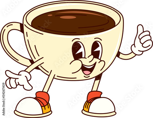 Groovy coffee cup happy smiling character. Restaurant hot coffee cute mascot, cafe tea drink funny vintage isolated vector personage. Hot chocolate or cacao drink groovy character showing thumb up