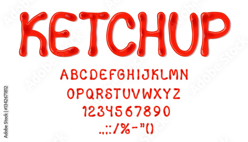 Ketchup font, tomato sauce typeface, liquid spicy type, red tasty english alphabet, vector food seasonings typography set. 3d ketchup font alphabet letters and numbers, realistic tomato sauce abc