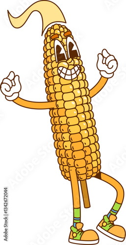Groovy hippie fast food character of corn with happy face, retro cartoon vector. Groovy sweetcorn or corn cob on stick with funny smile in hipster shoes as comic fast food hippie character or emoji