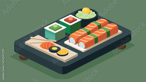 A sushirollyourown station with rice nori vegetables and options for protein like tofu or shrimp.. Vector illustration
