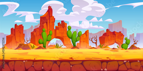 Cartoon Wild West desert landscape with rock and mountains, game background. Vector Western Wild West nature scene of Arizona desert horizon with cartoon sand landscape of canyon mountains, cactuses