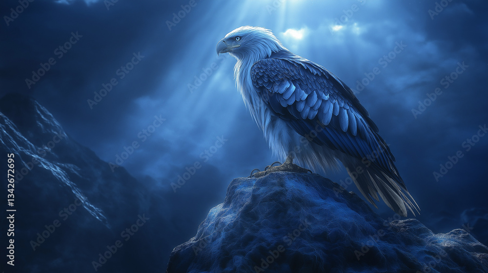 Fototapeta premium bald eagle sitting on a cliff, blue colour atmosphere