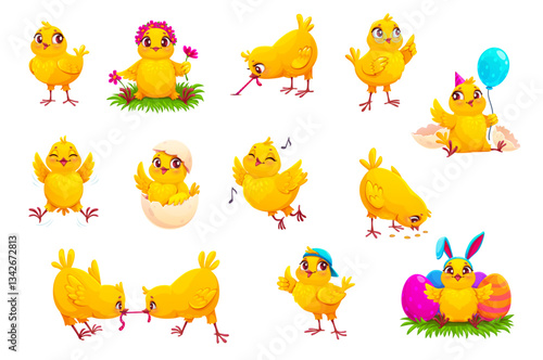 Cartoon funny chick characters with Easter eggs. Cute baby chickens vector personages of little yellow farm birds hatching from shell, pecking grains, dancing, playing. Funny baby chick characters set