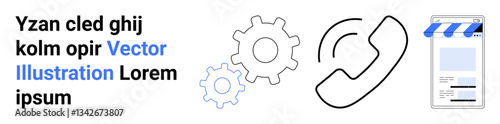 Phone icon, gears, and mobile app with blue accents illustrating communication, teamwork, support systems, and technological integration. Ideal for tech ideas, apps, collaboration innovation