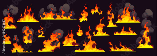 Cartoon isolated fire flames, bonfire and fireballs with smoke, vector game UI and comic elements. Burning fire, bonfire, wildfire and campfire set with red yellow flames, black smoke and sparks