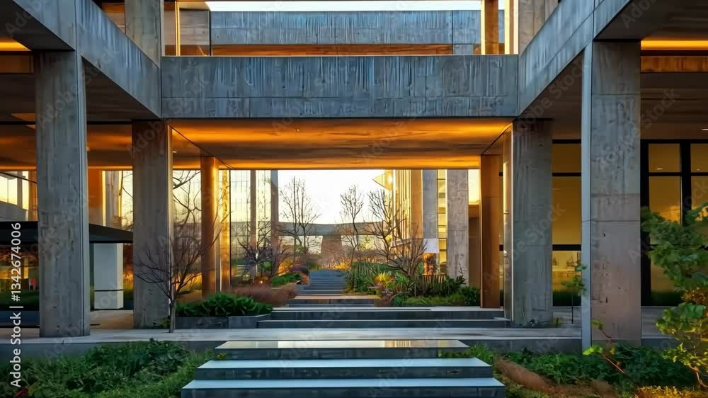 Golden Hour at the Concrete Courtyard: Architectural Serenity