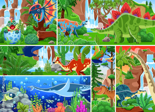 Prehistoric dinosaur characters collage with cartoon Jurassic lizards, vector background. Funny T Rex tyrannosaurus with dinosaurs or underwater reptile characters in jungle forest for kids dino atlas