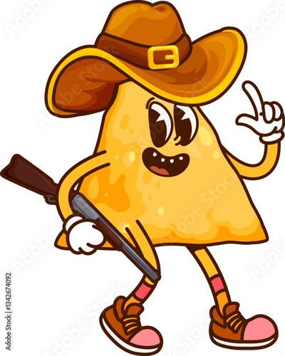 Cartoon groovy Mexican nachos chip cowboy character. Isolated vector adventurous tex mex snack bandit. Robber or ranger food personage holding a rifle gun adding a touch of flavor and excitement