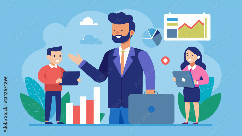A former marketing exeive offers consulting services to small businesses helping them develop effective marketing plans to increase their customer base.. Vector illustration A former marketing exeive offers consulting services to small businesses helping them develop effective marketing plans to increase their customer base.. Vector illustration