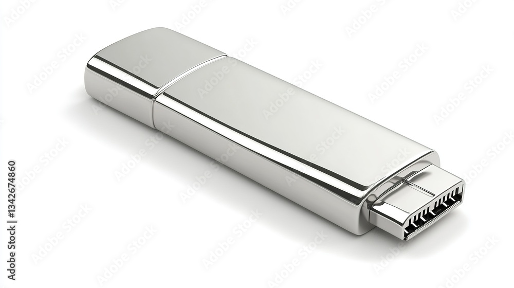 Sleek and Compact Silver USB Flash Drive for Data Storage and Transfer, Isolated on White Background Sleek and Compact Silver USB Flash Drive for Data Storage and Transfer, Isolated on White Background